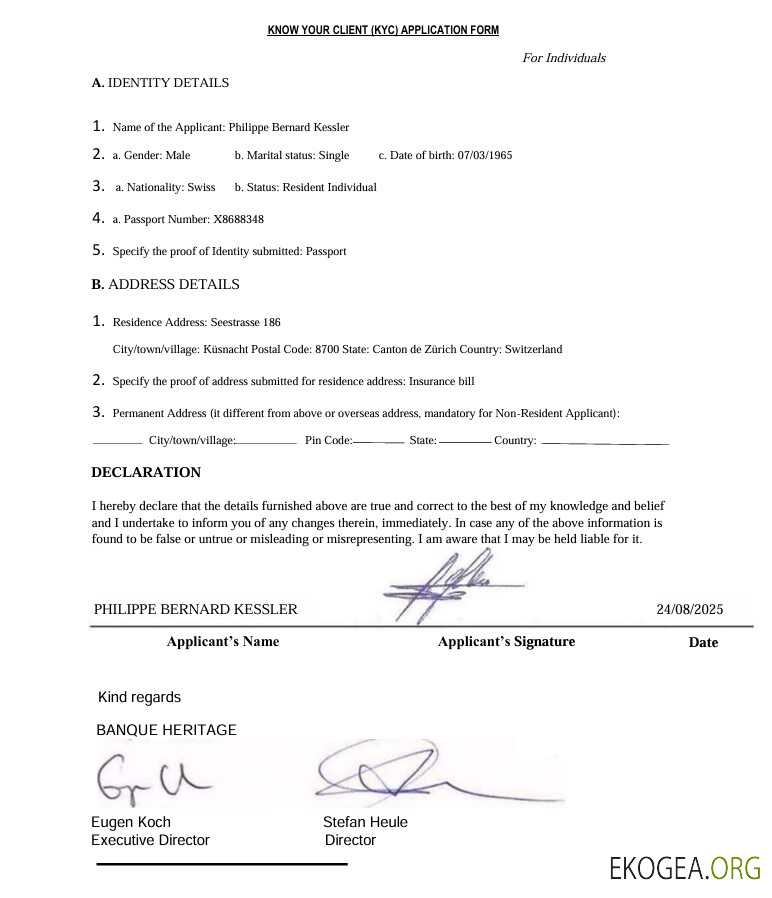 Suisse Banque Heritage Formulaire de demande Know Your Client (KYC)